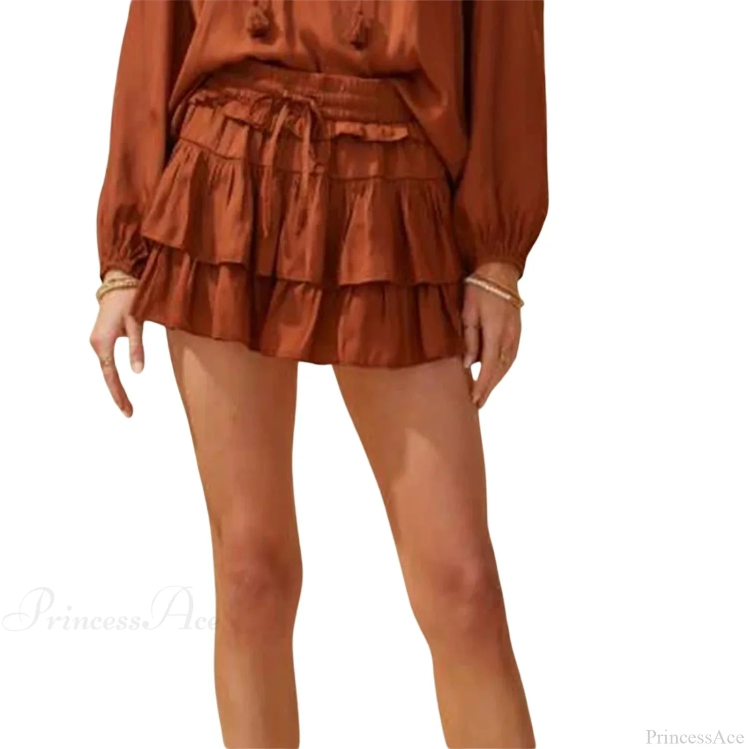 Drawstring Layered Ruffles Skirt Brown / S skirts-250223