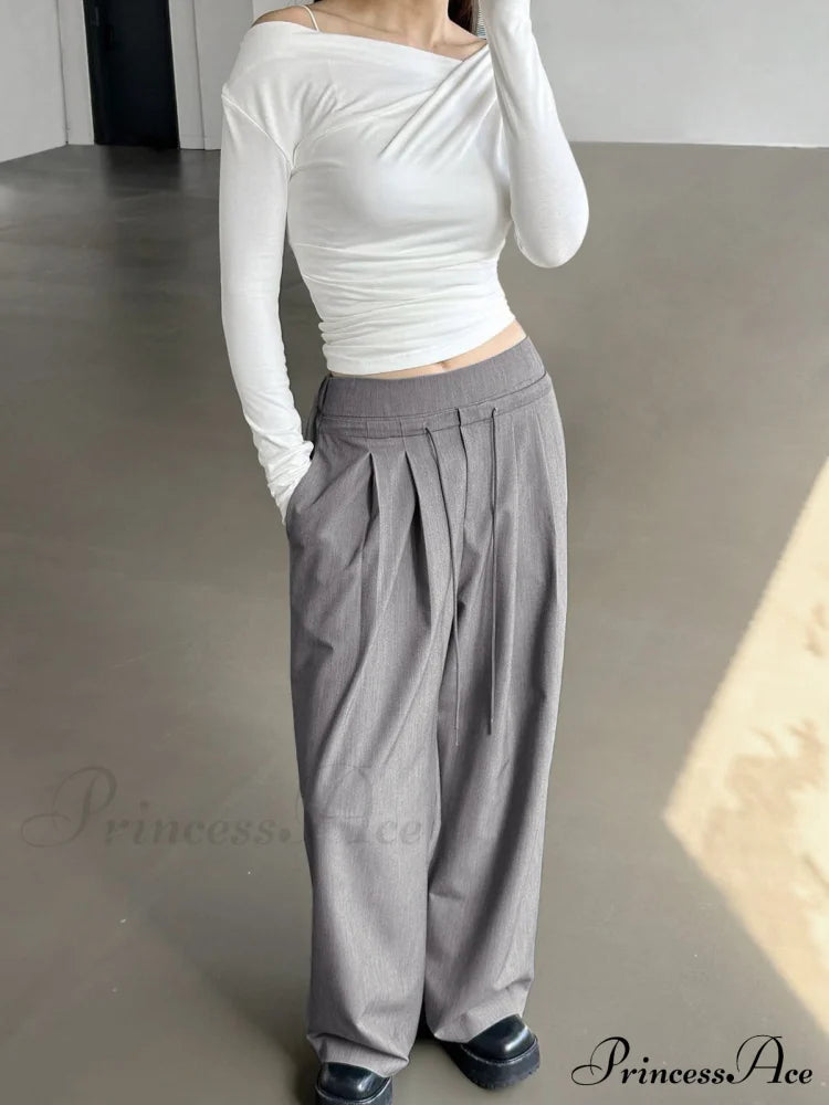 Drawstring Pleat Wide Trendy Leg Dress Pants