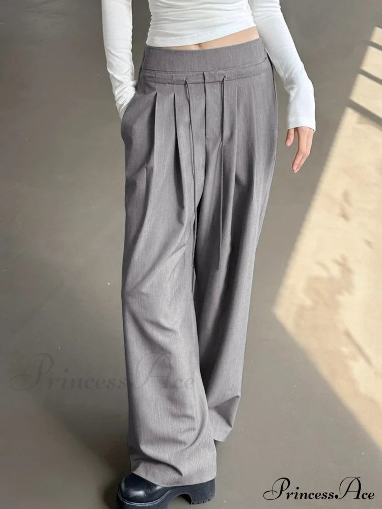 Drawstring Pleat Wide Trendy Leg Dress Pants