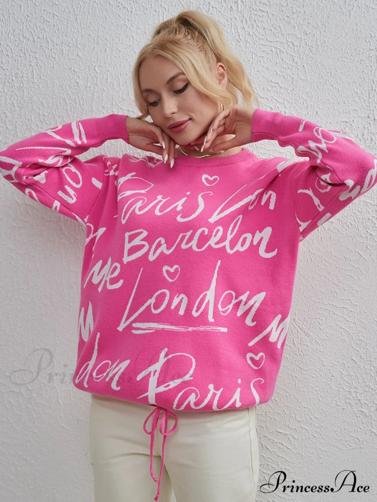 Letter Round Neck Drawstring Sweater Hot Pink One Size clothes H.Y@Maozhi long sleeve Ship From Overseas Shipping Delay 10/01/2023 - 10/03/2023 shirt sweater sweaters top