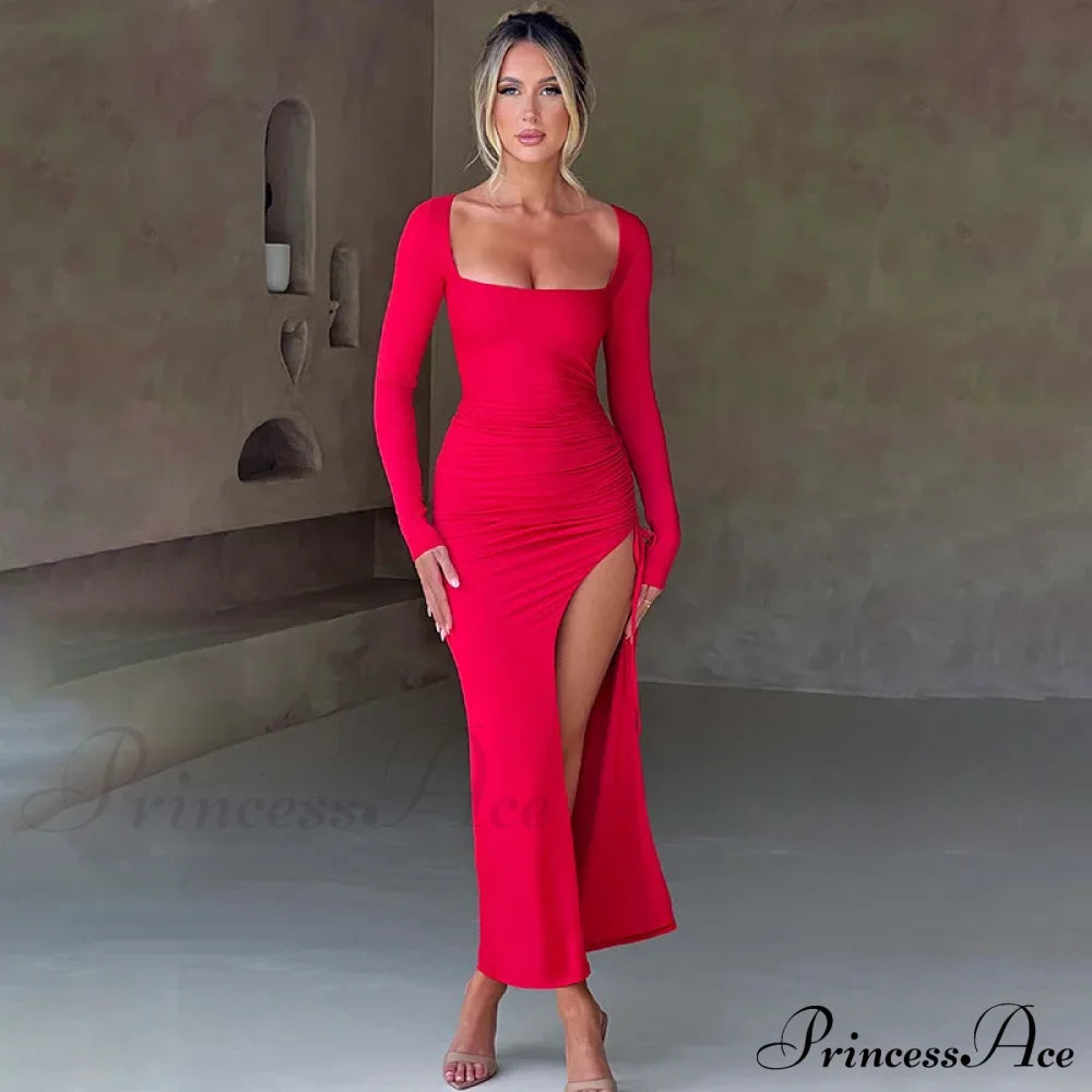 Drawstring Ruched High-Split Club-Ready Square-Necked Long-Sleeved Sensual Midi Dress