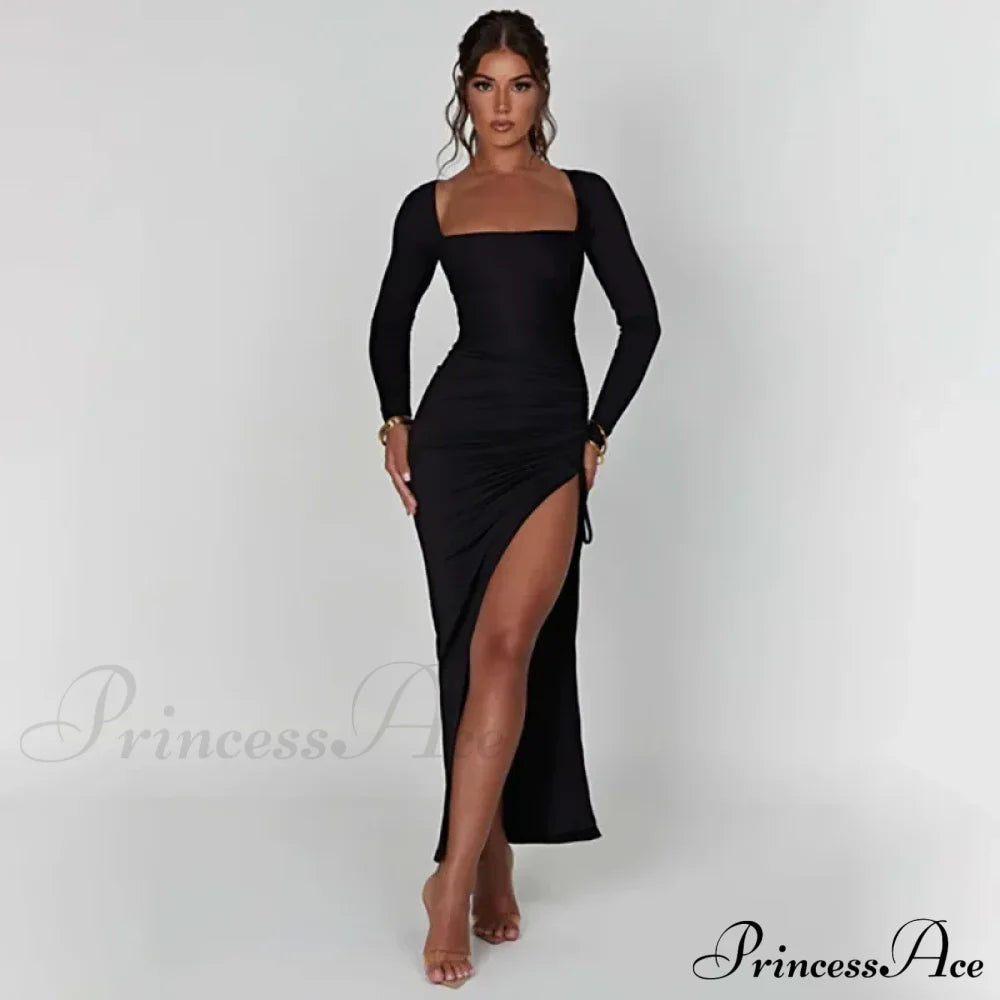 Drawstring Ruched High-Split Club-Ready Square-Necked Long-Sleeved Sensual Midi Dress