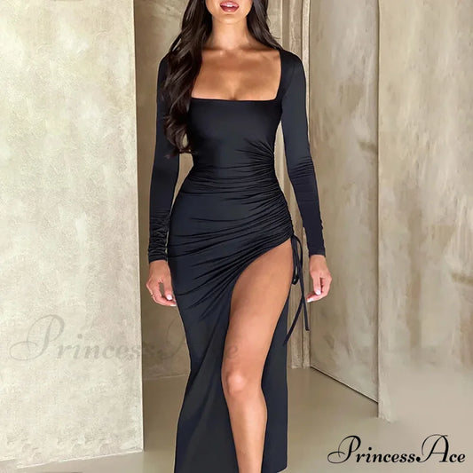 Drawstring Ruched High-Split Club-Ready Square-Necked Long-Sleeved Sensual Midi Dress Black / S