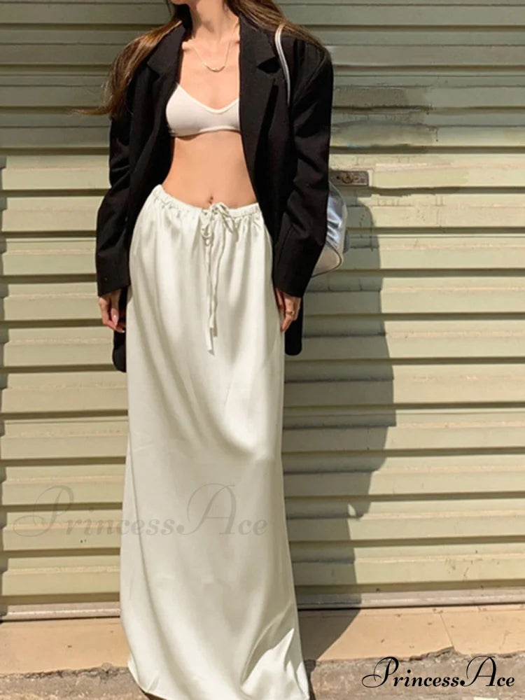 Drawstring Satin Graceful Maxi Skirt Skirts