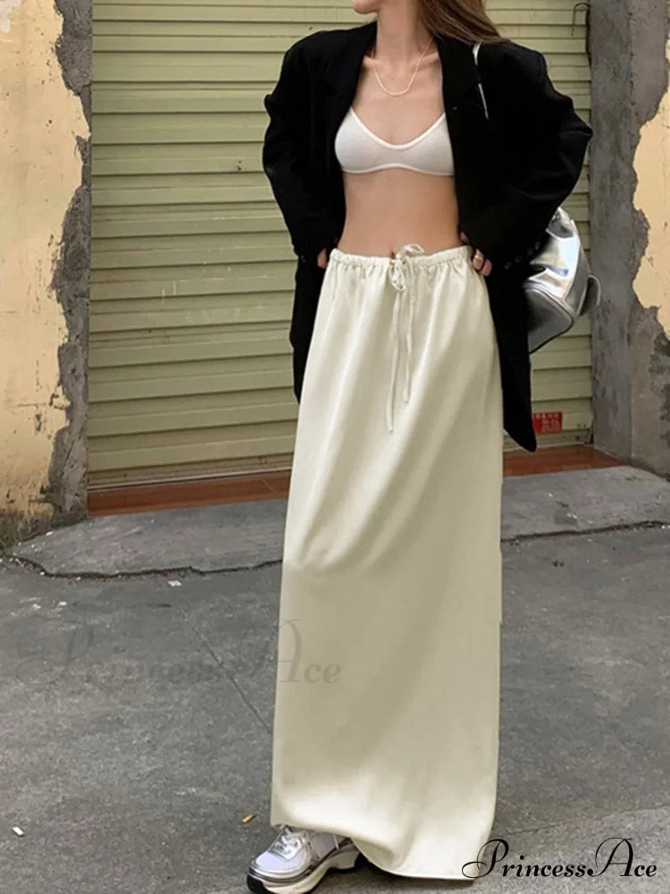 Drawstring Satin Graceful Maxi Skirt Skirts