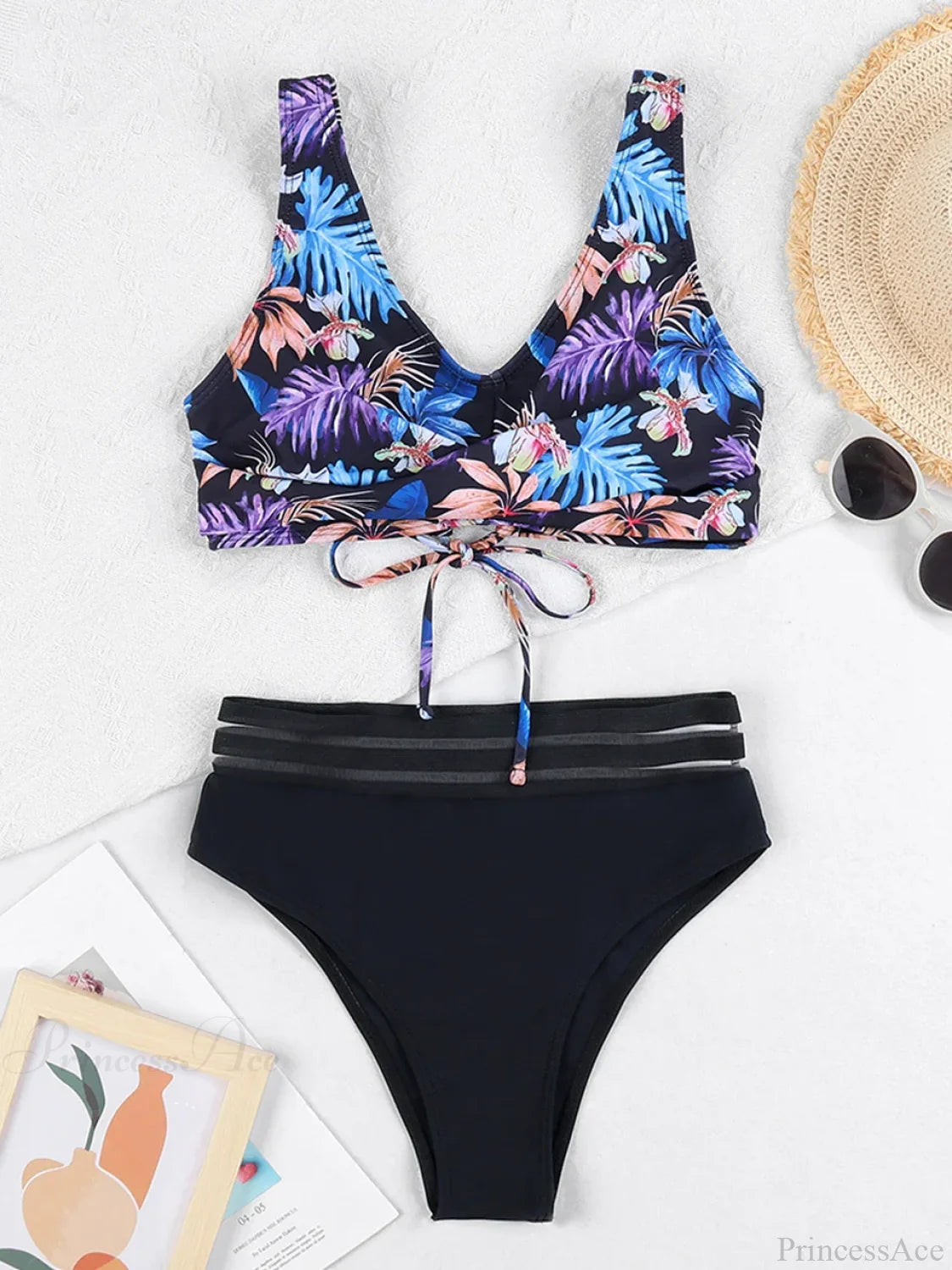Drawstring Strap Tape Print Two Piece Set Blue / S