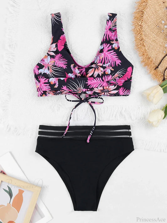 Drawstring Strap Tape Print Two Piece Set Pink / S