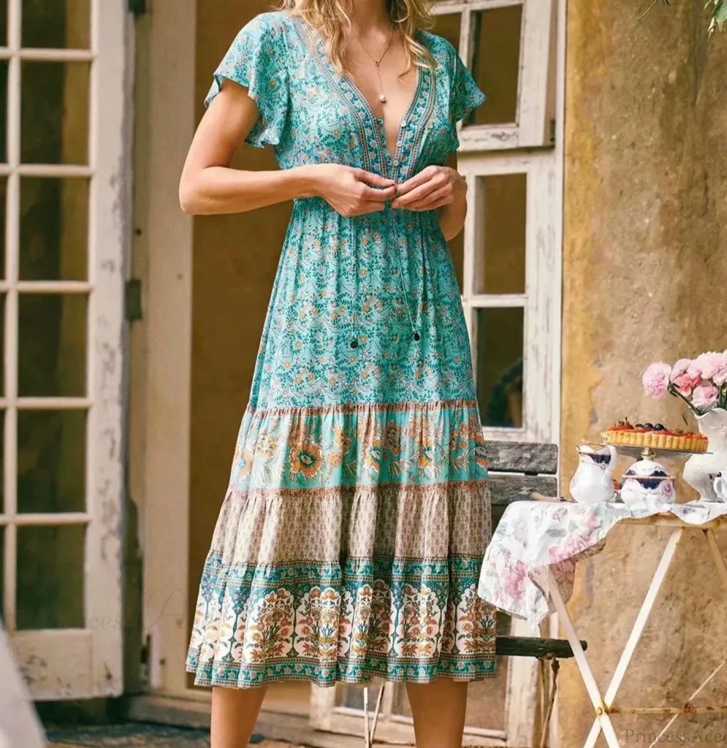 Drawstring Waist Midi Dress Vintage Floral Cotton Casual Summer Dress bohodress-250126