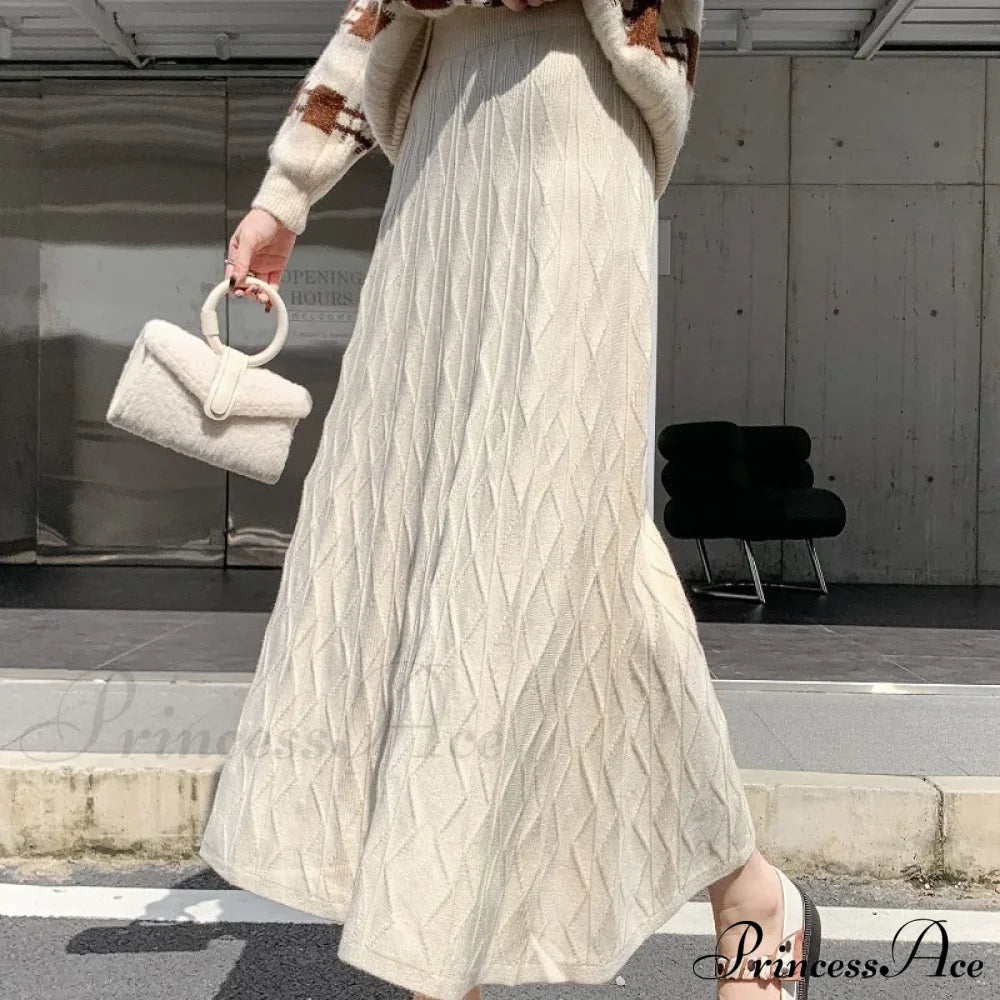 Drooping Elegant A-Line High Waist Slim Woolen Comfortable Trendy Long Skirt White / One Size