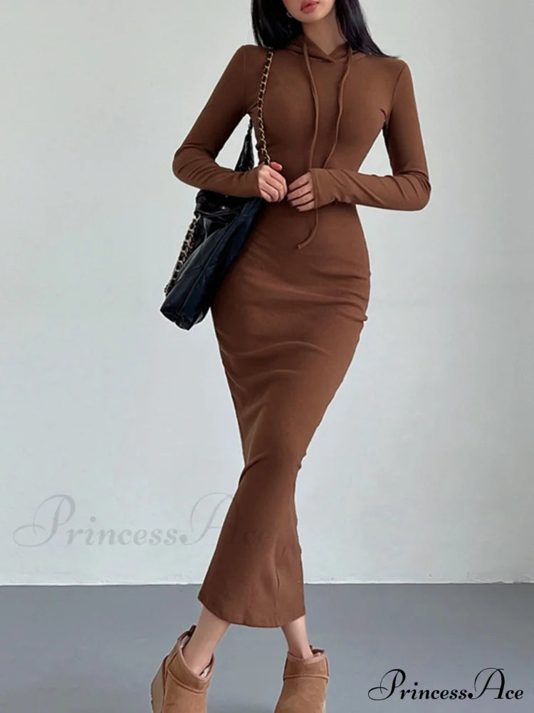 Drop Shoulder Graceful Drawstring Hooded Dress Light Brown / Xs Sweatshirts & Hoodies-L