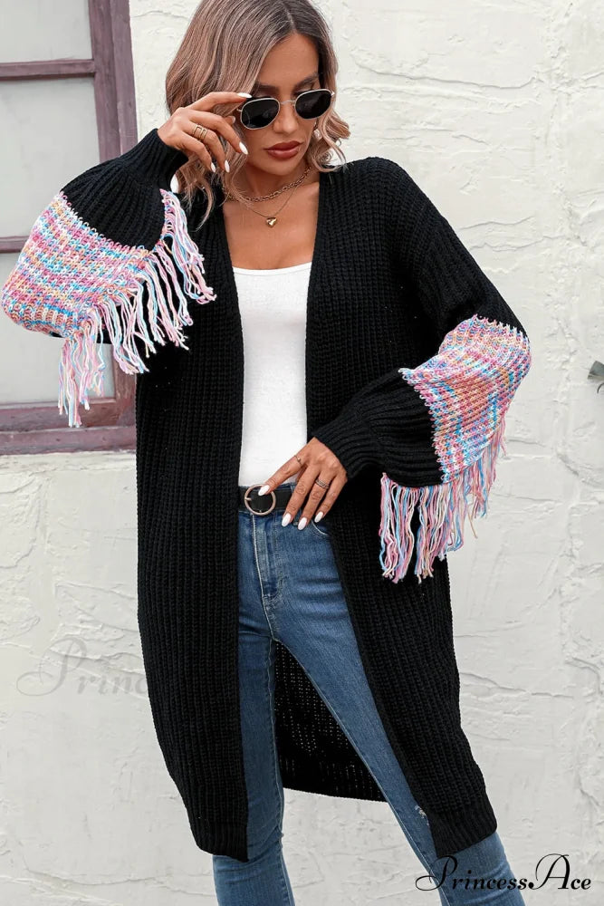 Fringe Sleeve Dropped Shoulder Cardigan Black cardigan clothes long sleeve M&Y Ship From Overseas top