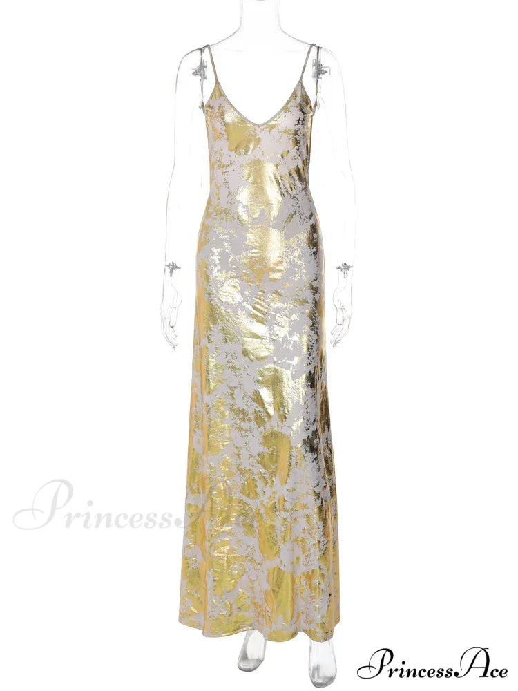 Dulzura Gold Strap V Neck Backless Long Metal Party Club Outfits Y2K Clothes 2024 Summer Floral