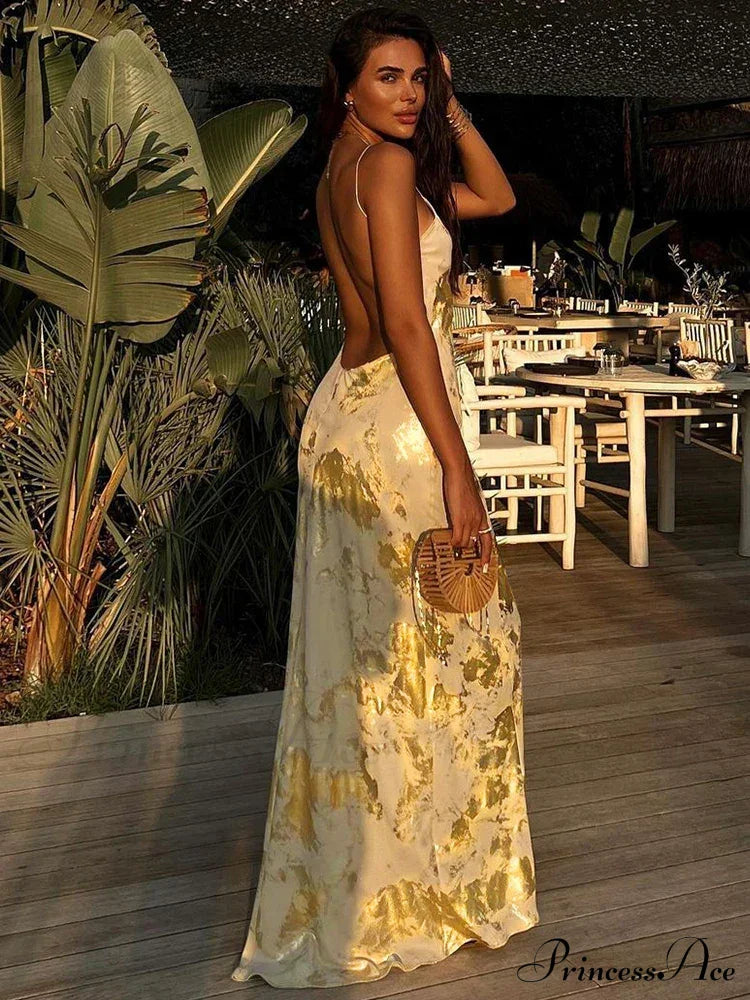 Dulzura Gold Strap V Neck Backless Long Metal Party Club Outfits Y2K Clothes 2024 Summer Floral