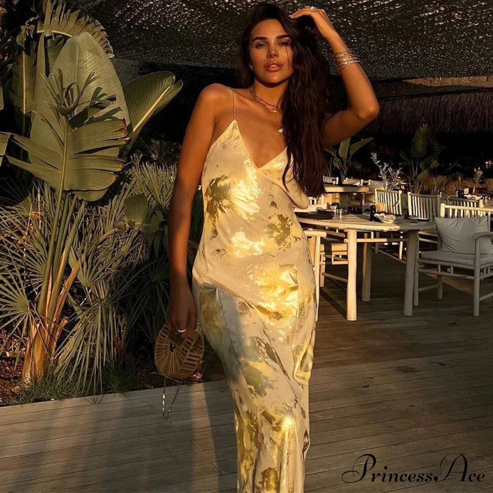 Dulzura Gold Strap V Neck Backless Long Metal Party Club Outfits Y2K Clothes 2024 Summer Floral