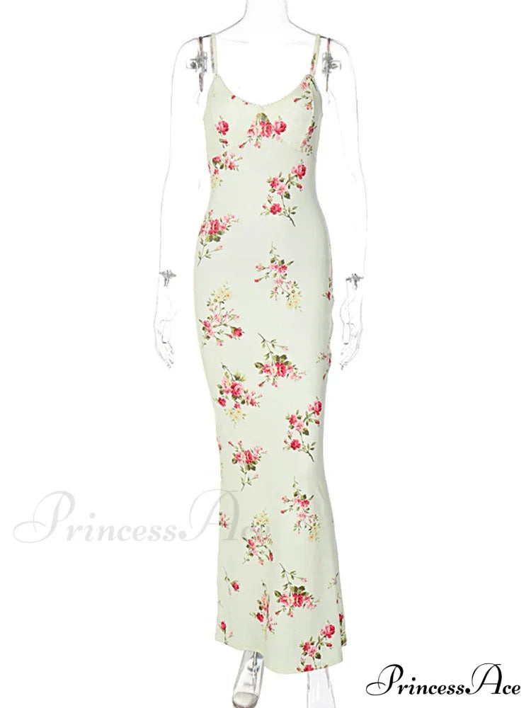 Dulzura Print Strap Midi Bodycon Party Clothes Summer Long Y2K Evening Holiday Floral Dress