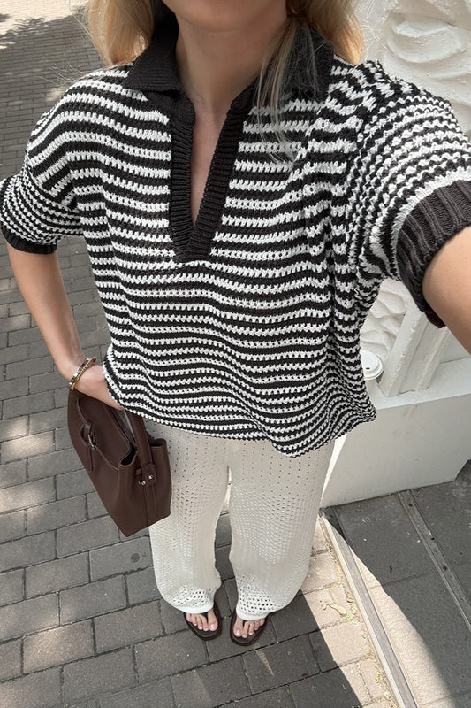 Striped Open Collar Short Sleeve Knit Sweater