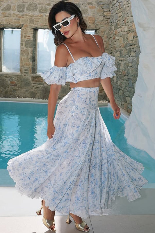 Off Shoulder Floral Ruffled Camisole Maxi Dress Two Piece Set