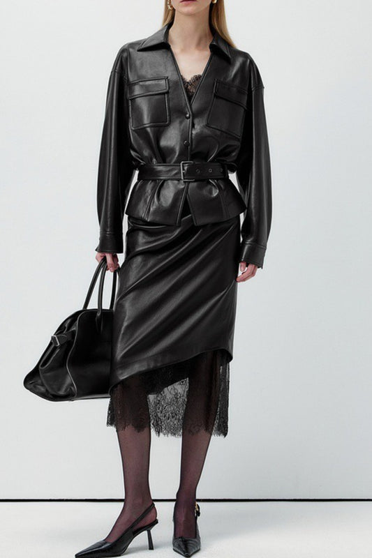 Elegant Lace Trim Leather Skirt