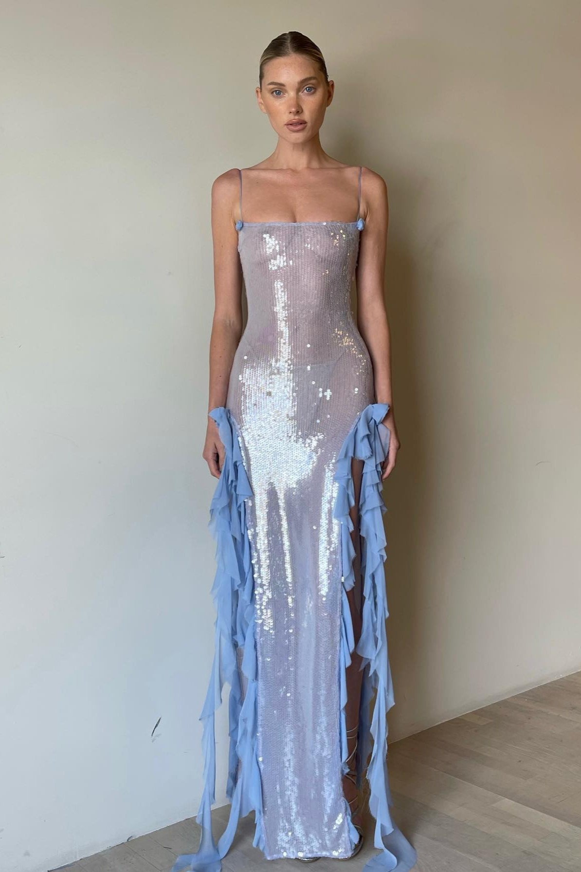 Sexy Sequin Sheer Ruffle Maxi Dress S / Blue