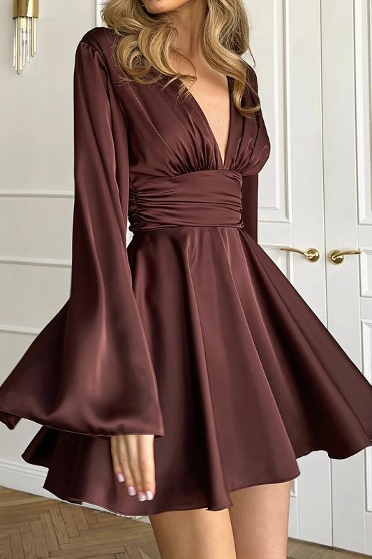Satin Flare Sleeve Wrap Waist Mini Dress