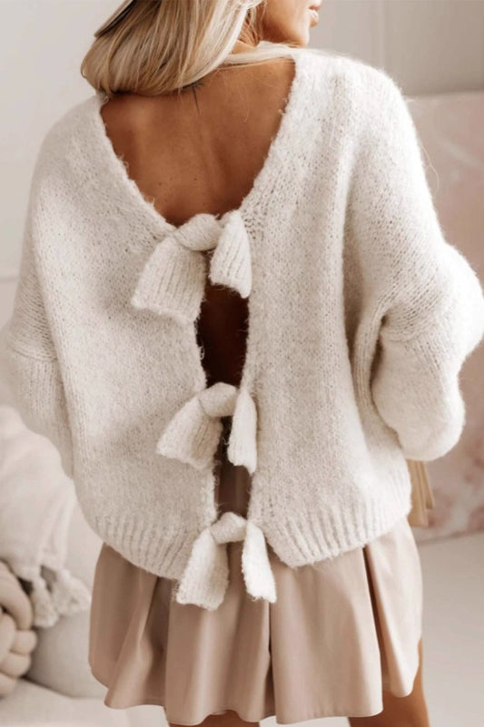 Bow-Tie Detailed Backless Loose Knit Sweater