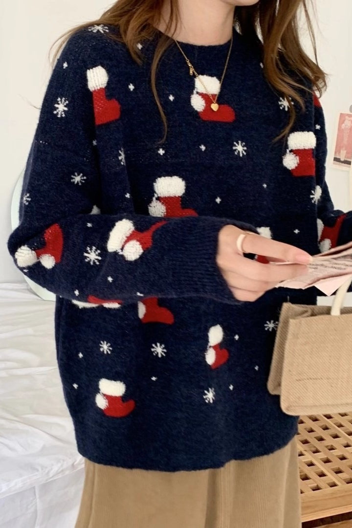 Christmas Sock Snowflake Loose Sweater Blue / One size