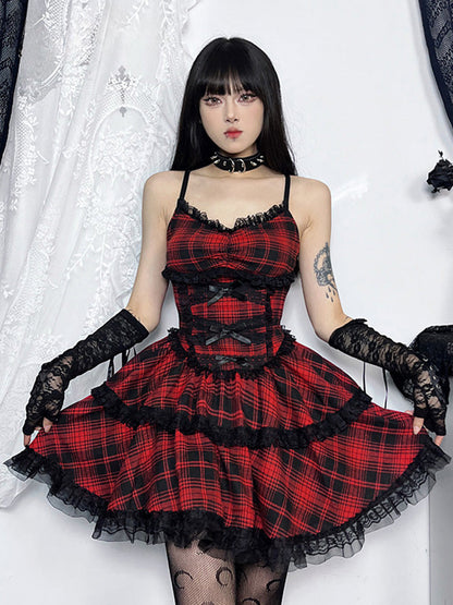 Plaid Mall Goth Grunge Punk Black Emo Party Lace Up Backless Mini Dress A-Line Dress