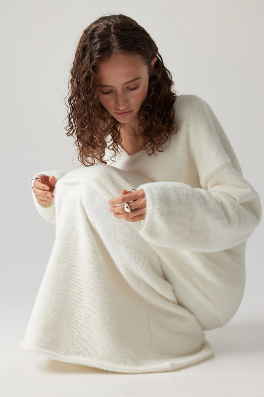 Loose Fuzzy Knit Sweater Maxi Skirt Set