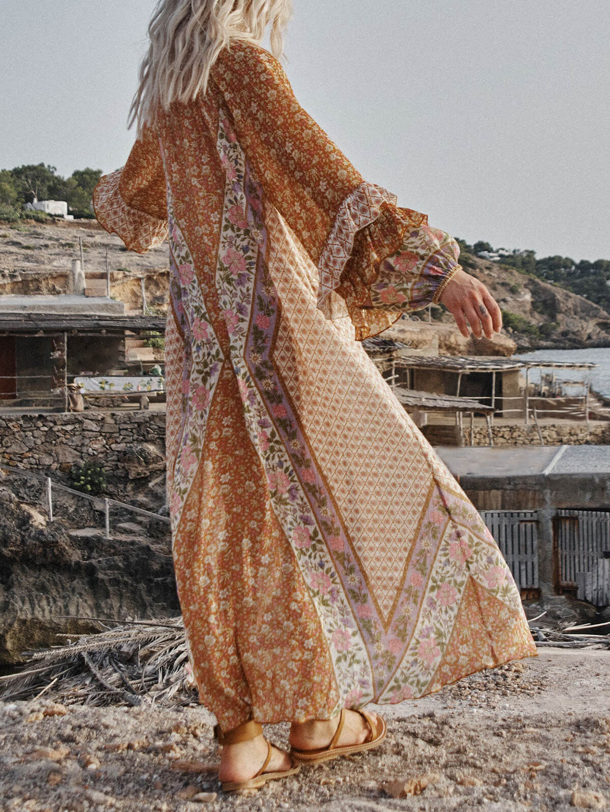 Unique Bohemian Print Long Graceful Sleeve Robe Midi Dress