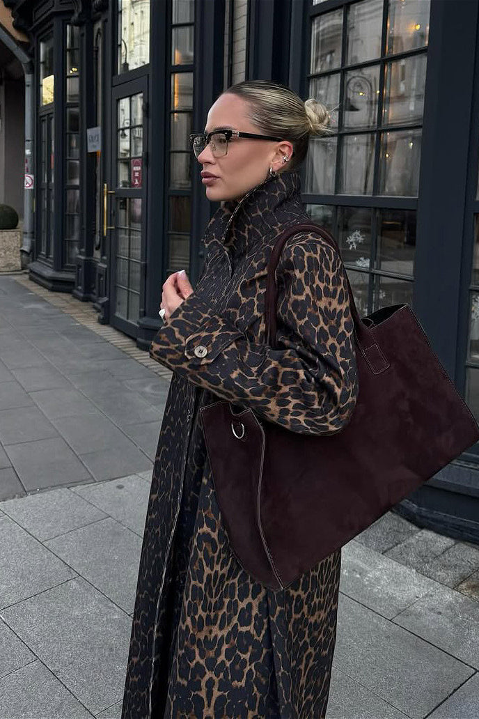 Leopard Stand Collar Stylish Long Overcoat