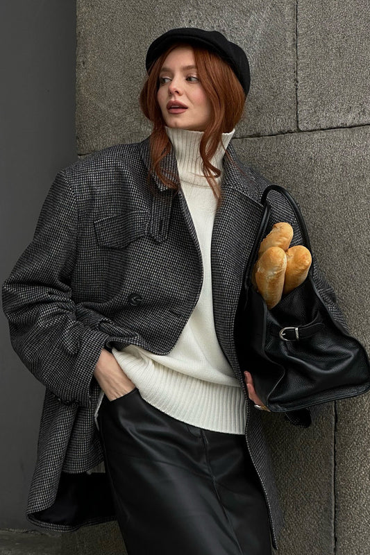 Houndstooth Wool Double Breasted Mid Length Trench Coat