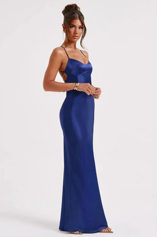 Back Tie Spaghetti Strap Formal Dress S / Blue