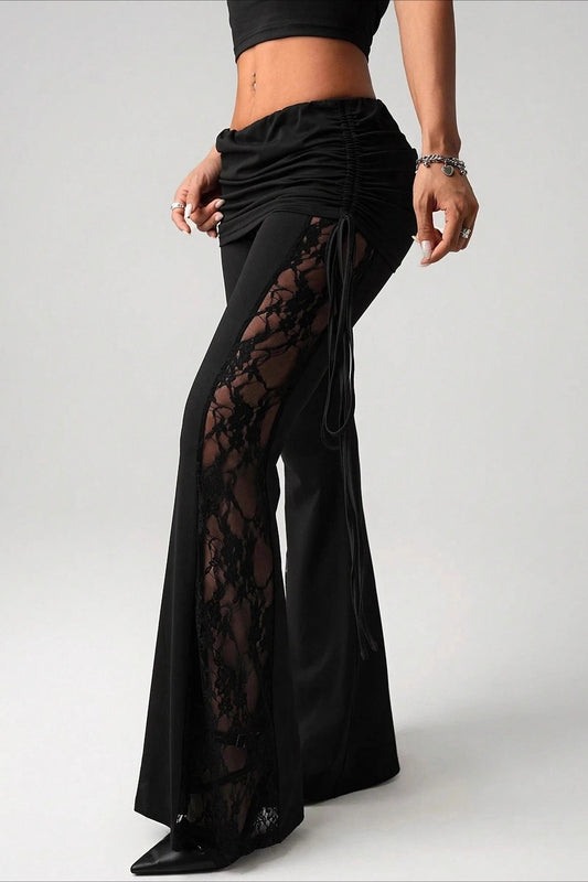 Lace Panel Side Tie Flare Pants
