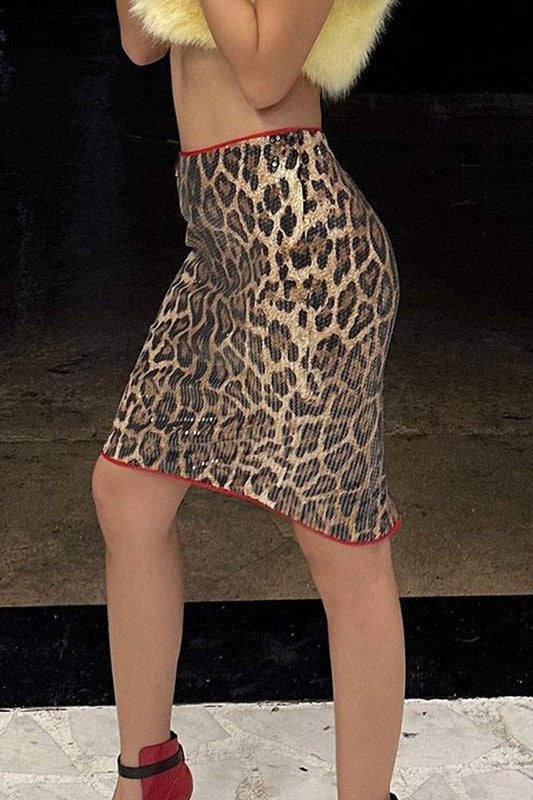 Stretchy Short Leopard Print Sequin Statement Skirt