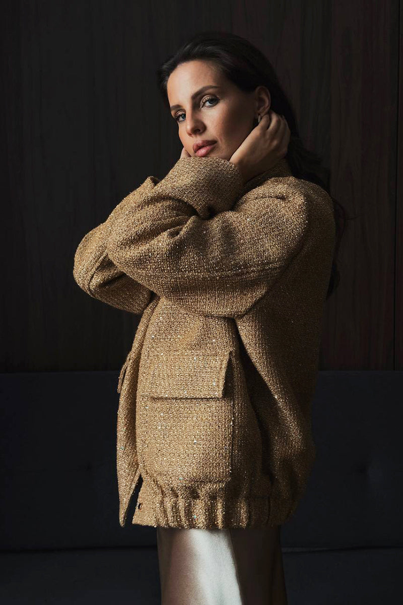 Sequin Stand Collar Pocket Jacket