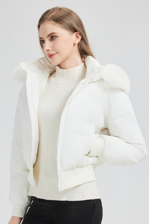 Plush Hooded Faux Fur Collar Puffer Jacket S / White