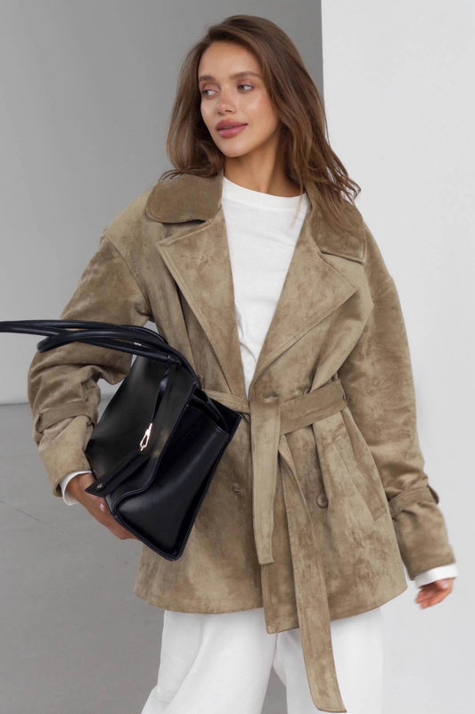 Manteau veste vintage en daim avec revers noué à la taille