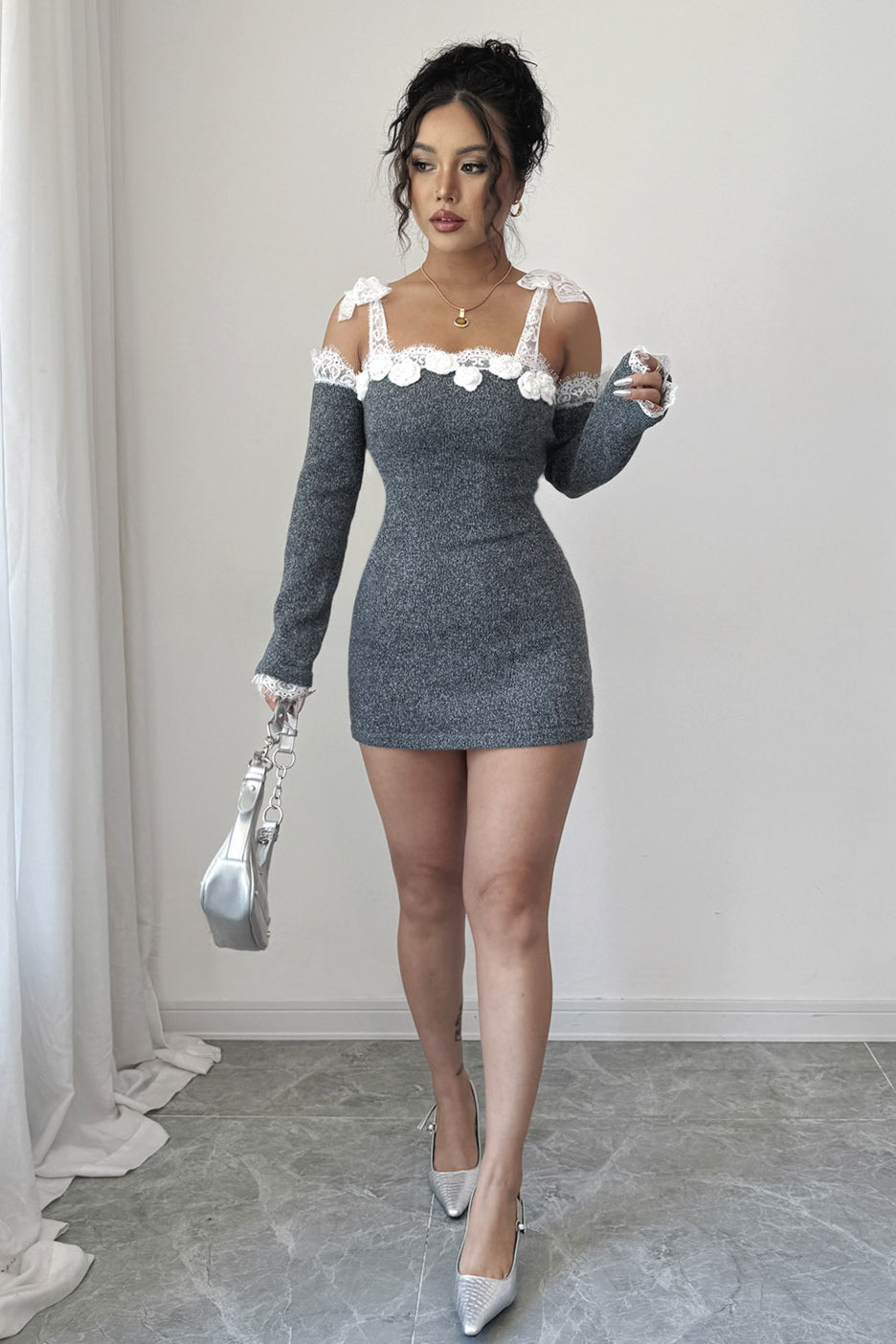 Lace Trim Off Shoulder Sweater Dress