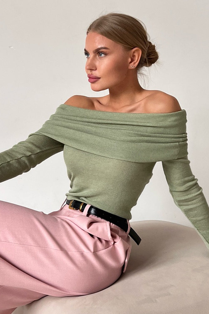 Sheer Off-Shoulder Fitted Solid Pullover Knit Top Green / S