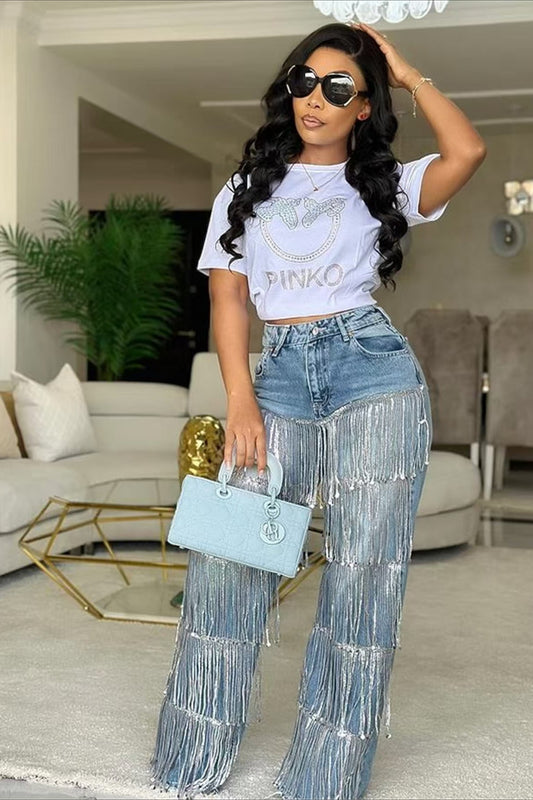Jeans mit geradem Bein und Paillettenfransen