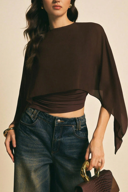 Chiffon Cape Sleeve Irregular Hem Blous