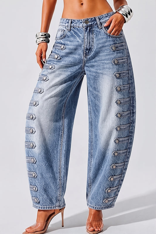 Multi Button Barrel Leg Jeans