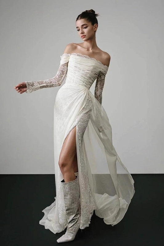 Long Sleeve Lace Off Shoulder Reception Dress