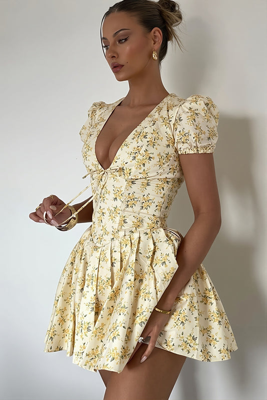 Floral Puff Sleeve Deep V Flared Mini Dress
