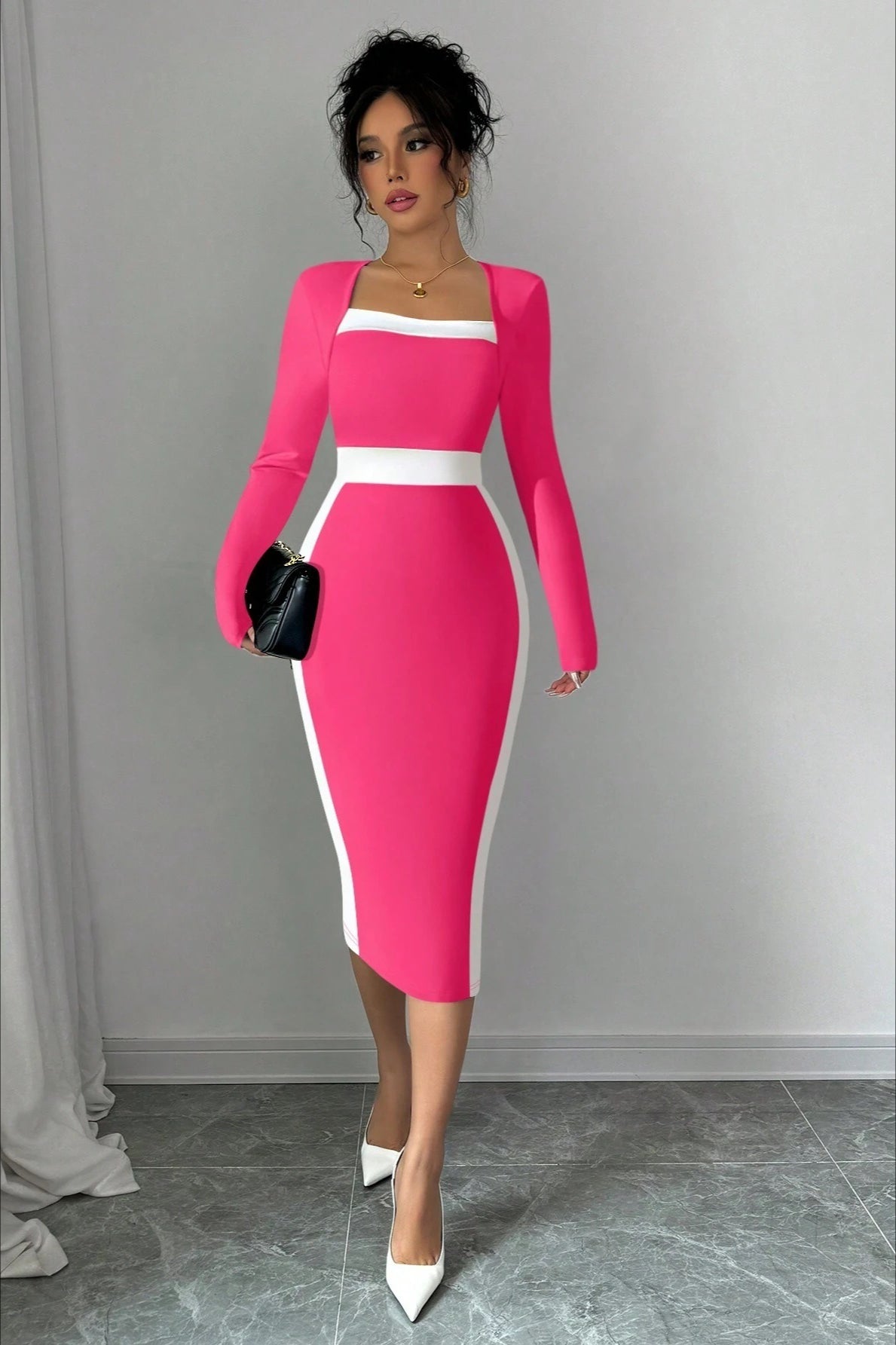 Color Block Panel Bodycon Cocktail Dress S / Pink
