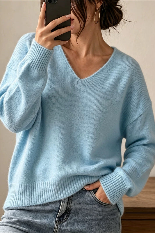 Relaxed V Neck Rib Trim Knit Sweater