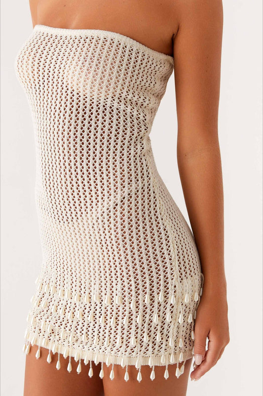 Mini robe bohème sans bretelles en tricot