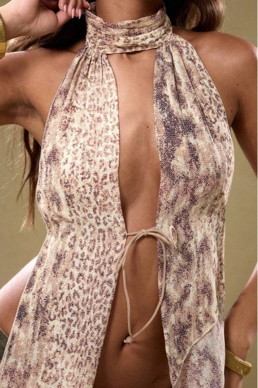 Stand Collar Halter Backless Leopard Halter Top