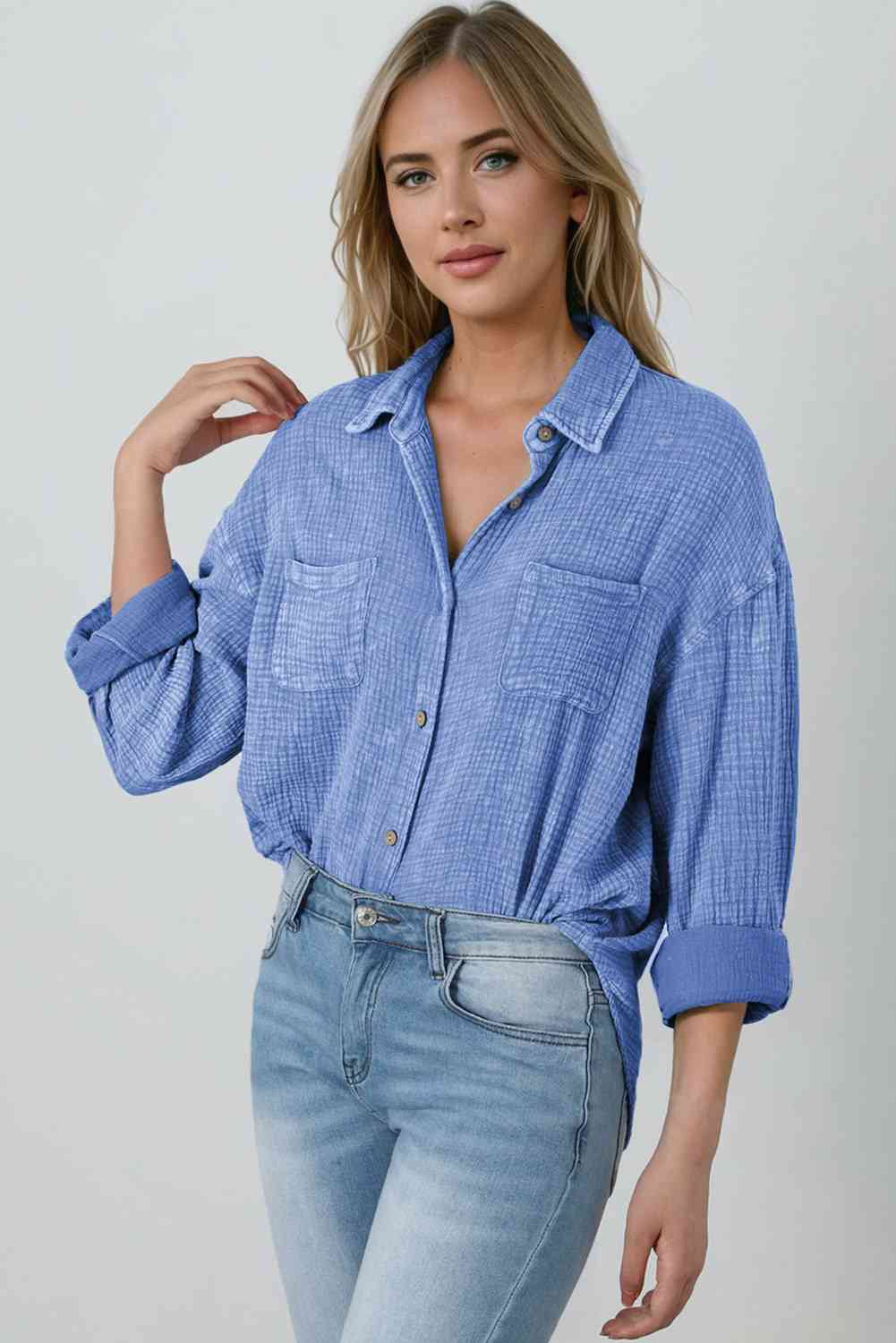 Blouse Textured With Buttons Clothes