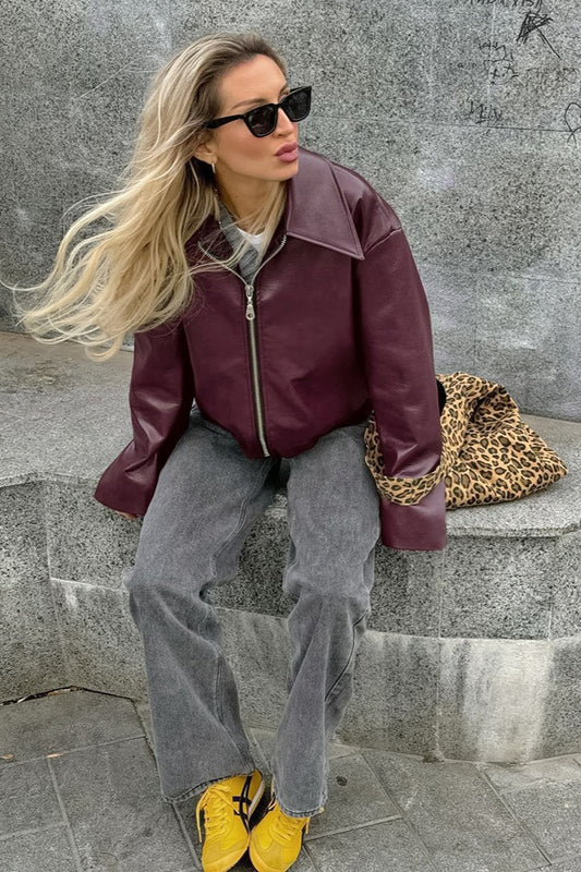 Veste en cuir bordeaux mat